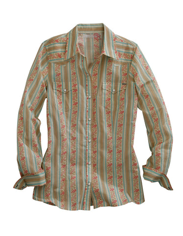Tin Haul Womens Tan 100% Cotton Wallpaper Stripe L/S Shirt