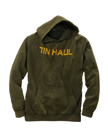 Tin Haul Mens Olive 100% Cotton Wording in Gold Hoodie