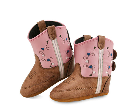 Old West Pink/Tan Infant Girls Faux Leather Hearts Cowboy Boots
