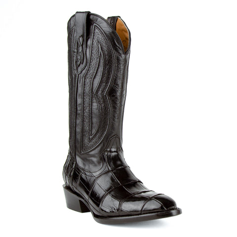 Ferrini Mens Black Leather Alligator Belly R-Toe Stallion Cowboy Boots