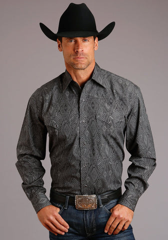 Stetson Mens Grey 100% Cotton Stitch Aztec L/S 2 Pocket Shirt