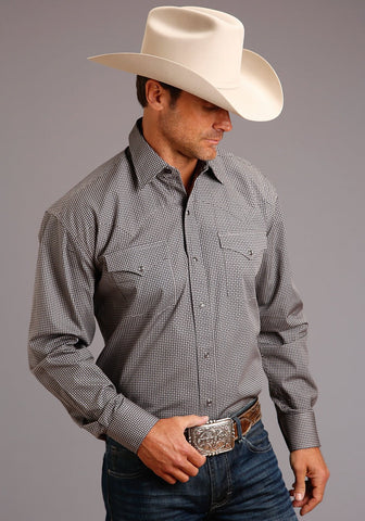 Stetson Mens Grey 100% Cotton Four Dot Foulard L/S 2 Pkt Shirt