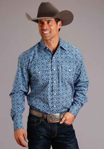 Stetson Mens Blue 100% Cotton Baroque L/S 2 Pkt Shirt