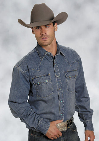 Stetson Mens Blue 100% Cotton L/S Designer Denim Snap Western Shirt