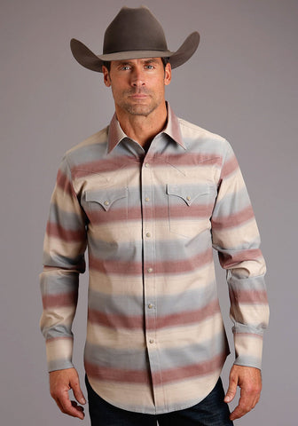 Stetson Mens Wine 100% Cotton Ombre Stripe L/S 2 Pkt Shirt