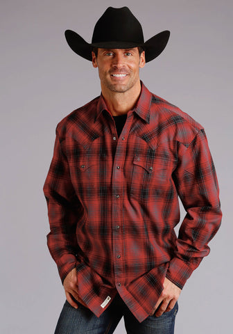 Stetson Plaid Mens Red 100% Cotton Brushed Twill L/S Shirt