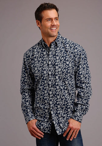 Stetson Mens Blue 100% Cotton Frontier Floral BD L/S 1 Pkt Shirt