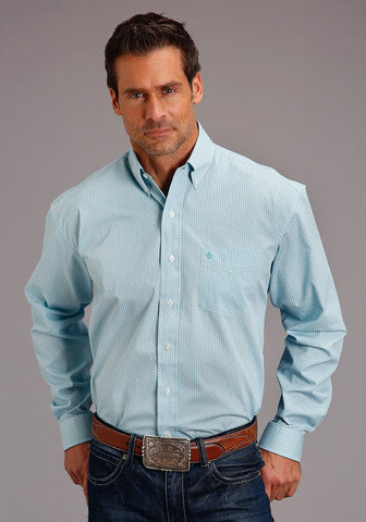 Stetson Mens Blue 100% Cotton Deco Geo BD L/S 1 Pkt Shirt