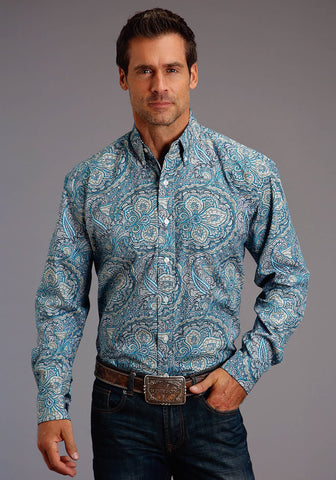 Stetson Mens Blue 100% Cotton Deep Sea Paisley BD L/S 1 Pkt Shirt
