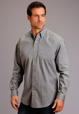 Stetson Mens Grey 100% Cotton Horseshoe Stripe BD L/S Shirt