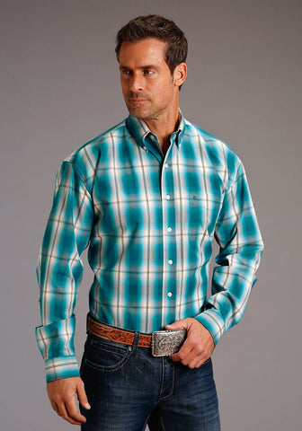 Stetson Mens Turquoise 100% Cotton Vintage Plaid BD L/S 1 Pkt Shirt