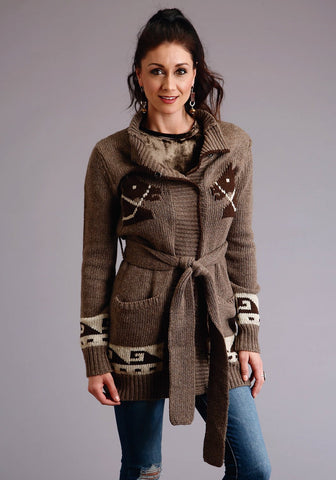 Stetson Womens Brown Wool Blend Long Cardigan Horses Sweater