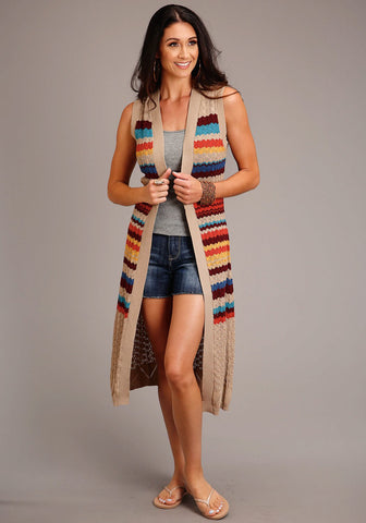 Stetson Womens Multi-Color 100% Cotton Open Weave Striped Cardigan