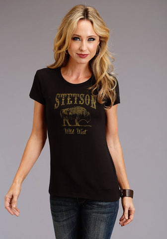 Stetson Womens Black Cotton Blend Bison Wild West S/S T-Shirt