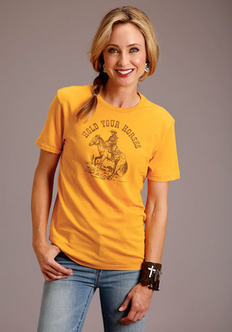 Stetson Womens Yellow 100% Cotton Hold Your Horses S/S T-Shirt