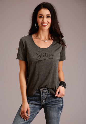 Stetson Womens Grey Polyester Logo Script S/S Arrow T-Shirt