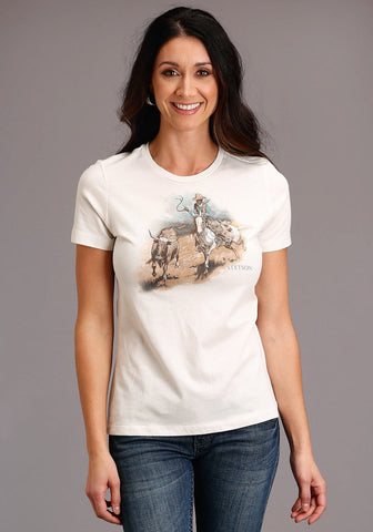 Stetson Womens White 100% Cotton Cattleman Scenery S/S T-Shirt