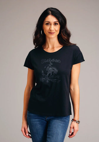 Stetson Womens Black 100% Cotton Bronc Rider S/S T-Shirt