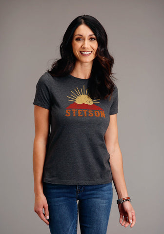 Stetson Womens Dark Grey Cotton Blend Sunset and Mountain S/S T-Shirt