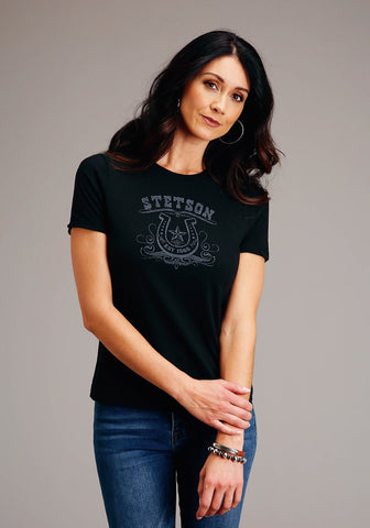 Stetson Womens Vintage Black Cotton Blend Horseshoe S/S T-Shirt