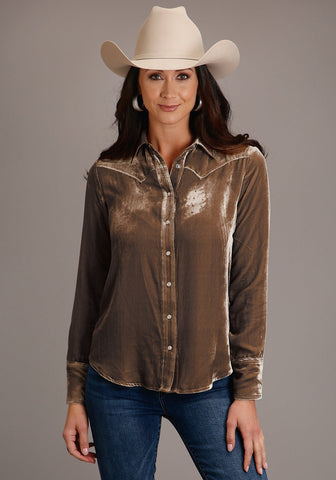 Stetson Womens Khaki Rayon Velvet Western L/S Shirt