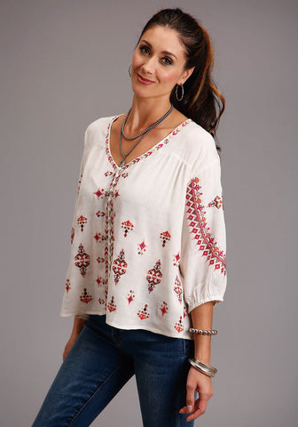 Stetson Womens White Viscose Peasant Dobby S/S Blouse