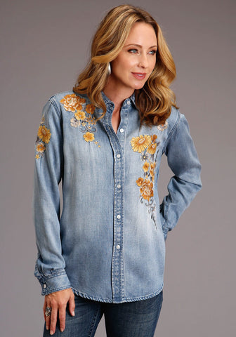 Stetson Womens Blue Denim Denim Fancy Floral L/S Shirt