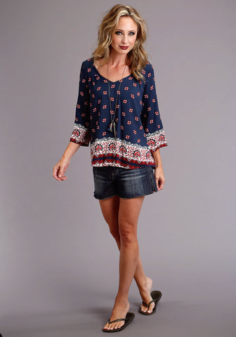 Stetson Peasant Womens Blue Rayon/Nylon Bandana S/S Blouse