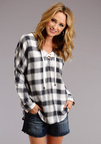 Stetson Womens White/Navy 100% Cotton Plaid L/S Shirt