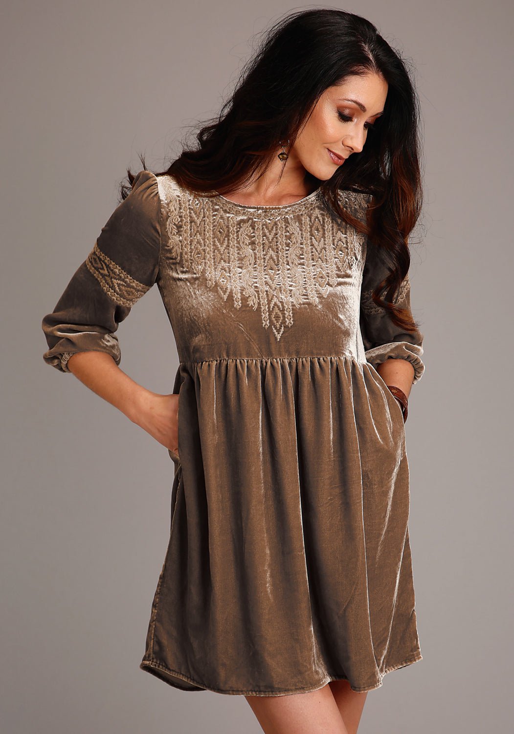 Stetson Khaki Velvet Babydoll Dress Stetson Khaki Velvet Babydoll Dress