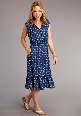 Stetson Womens Blue Rayon/Nylon Vintage Ditzy S/L Dress