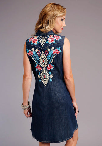 Stetson Womens Blue 100% Cotton Dark Rose S/L Embroidery Dress