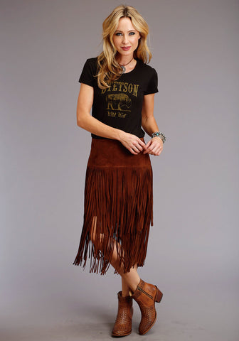 Stetson Womens Brown Leather Lamb Suede Fringe Skirt