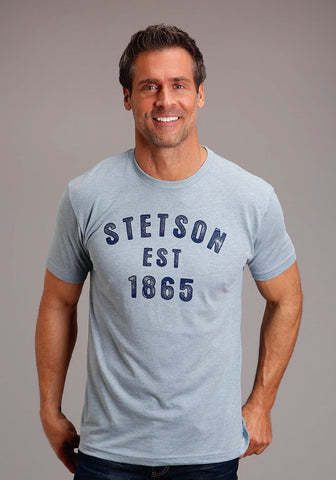 Stetson Mens Light Denim Cotton Blend Block Letters S/S T-Shirt