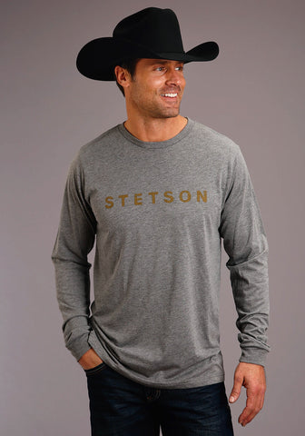 Stetson Mens Grey Cotton Blend Dark Gold Logo L/S T-Shirt