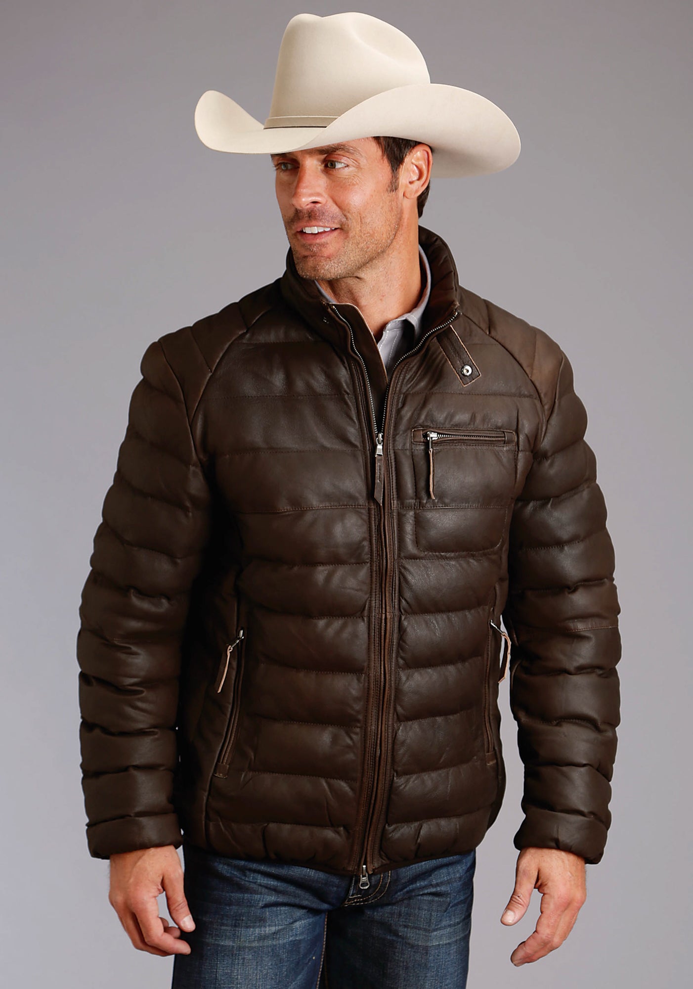 Stetson Mens Dark Brown Leather Puffy Jacket – The Western Company