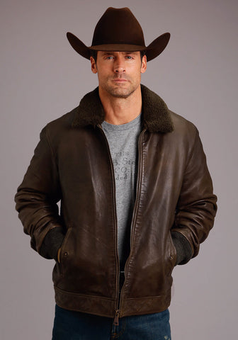 Stetson Mens Brown Leather Smooth Sherpa Jacket