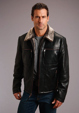 Stetson Faux Fur Mens Black Leather Smooth Jacket