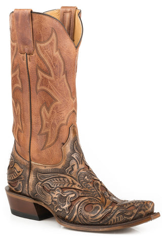 Stetson Mens Brown Leather Hand Tooled Wicks Cowboy Boots