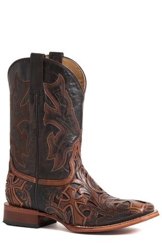 Stetson Mens Brown Leather Handtooled Cross Cowboy Boots