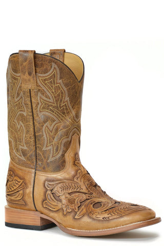 Stetson Mens Brown Leather Handtooled Wicks 11In Cowboy Boots