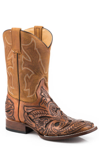 Stetson Mens Tan Leather New West Tooled Cowboy Boots