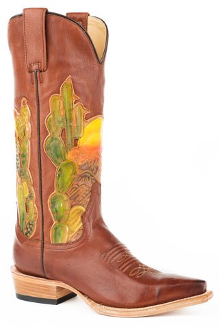 Stetson Tooled Cactus Womens Brown Leather Goldie Cowboy Boots