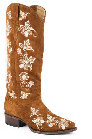 Stetson Womens Brown Leather Gabi Floral Suede Cowboy Boots