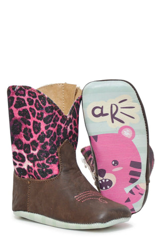 Tin Haul Girls Infants Brown/Pink Leather Purrrfect Glitter Cowboy Boots