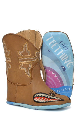 Tin Haul Boys Infant Tan Leather Beware Teething Sharky Cowboy Boots
