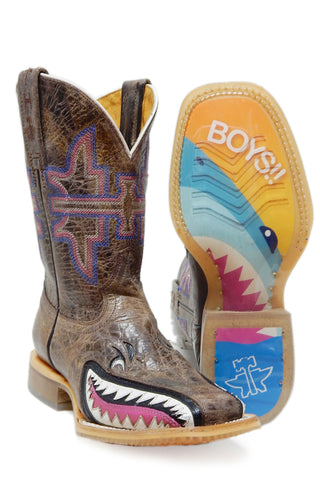 Tin Haul Jawsome Girls Toddler Brown/Pink Leather I Don'T Bite Cowboy Boots