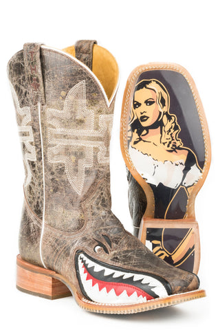 Tin Haul Mens Toastin' A Gnarly Shark Beer Girl Brown Western Cowboy Boots