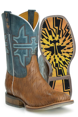 Tin Haul Mens Brown/Blue Leather Lightning Bolt Cowboy Boots