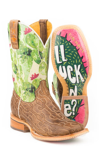 Tin Haul Womens Tan/Green Leather Cacstitch Cowboy Boots